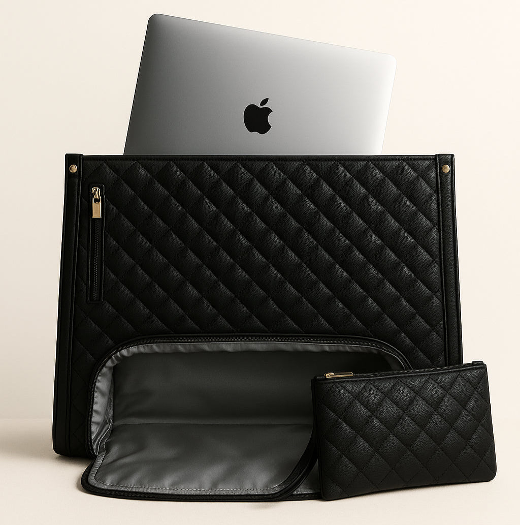 Black quilted laptop sleeve with Apple logo on a beige background