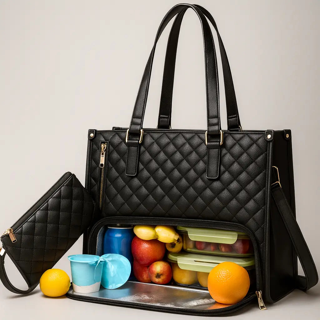 Black quilted handbag with compartments containing fruits and containers on a light background
