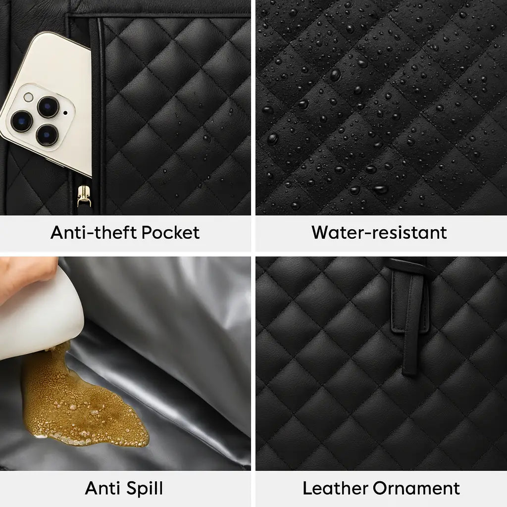 Black quilted bag with anti-theft pocket, water-resistant properties, anti-spill feature, and leather ornament.