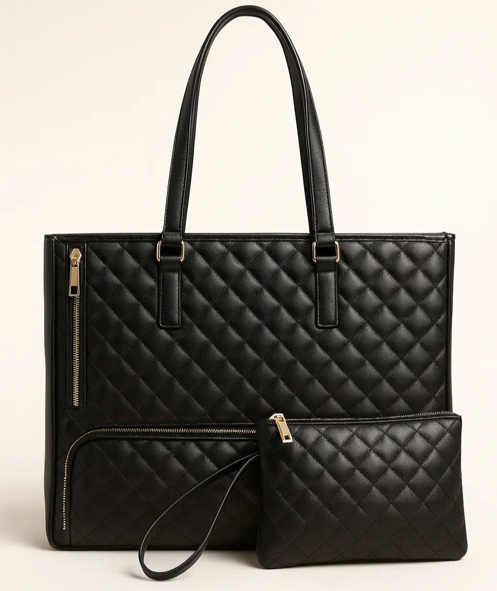 Black quilted handbag with matching pouch on a beige background