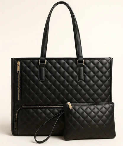 Black quilted handbag with matching pouch on a beige background