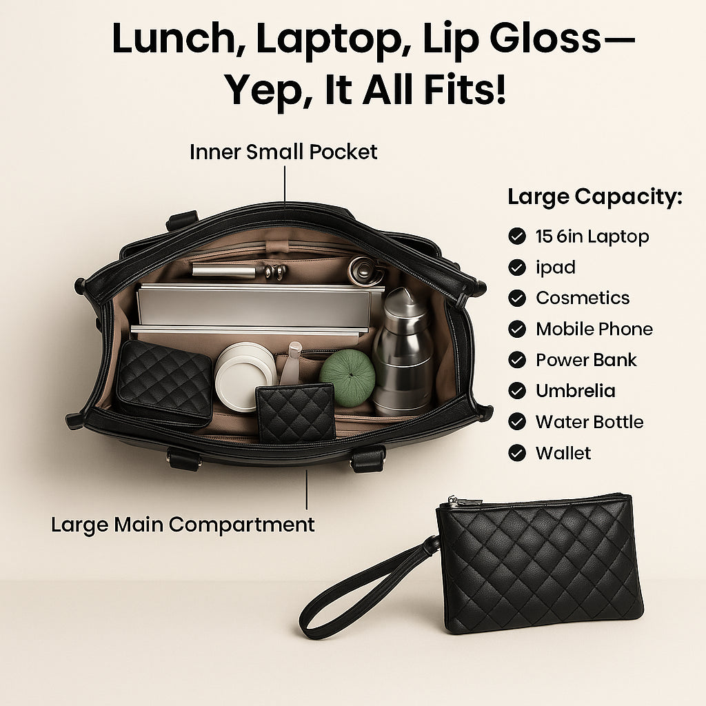Black handbag with compartments and items labeled, on a beige background