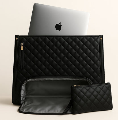 Black quilted laptop sleeve with Apple logo on a beige background